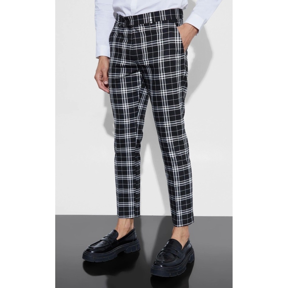 BoohooMAN Mens 34R Plaid Trousers Black White Tartan Slim Fit Dress Pants
